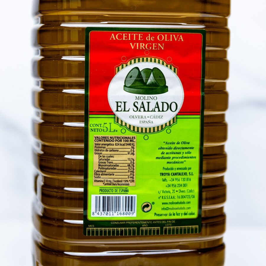 Aceite de oliva virgen 5L El Salado. En Majuana en el Mercado Central de Abastos de Cádiz. Aceite de oliva online. Mercados de Cádiz lo lleva a casa con su servicio a domicilio.